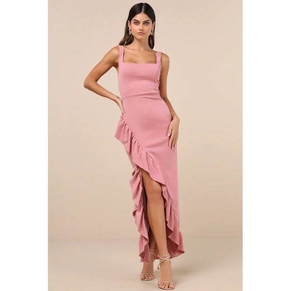 Lulus Dusty Rose Pink Ruffle Maxi Dress Square Neck Medium High Slit NWT - Picture 1 of 7